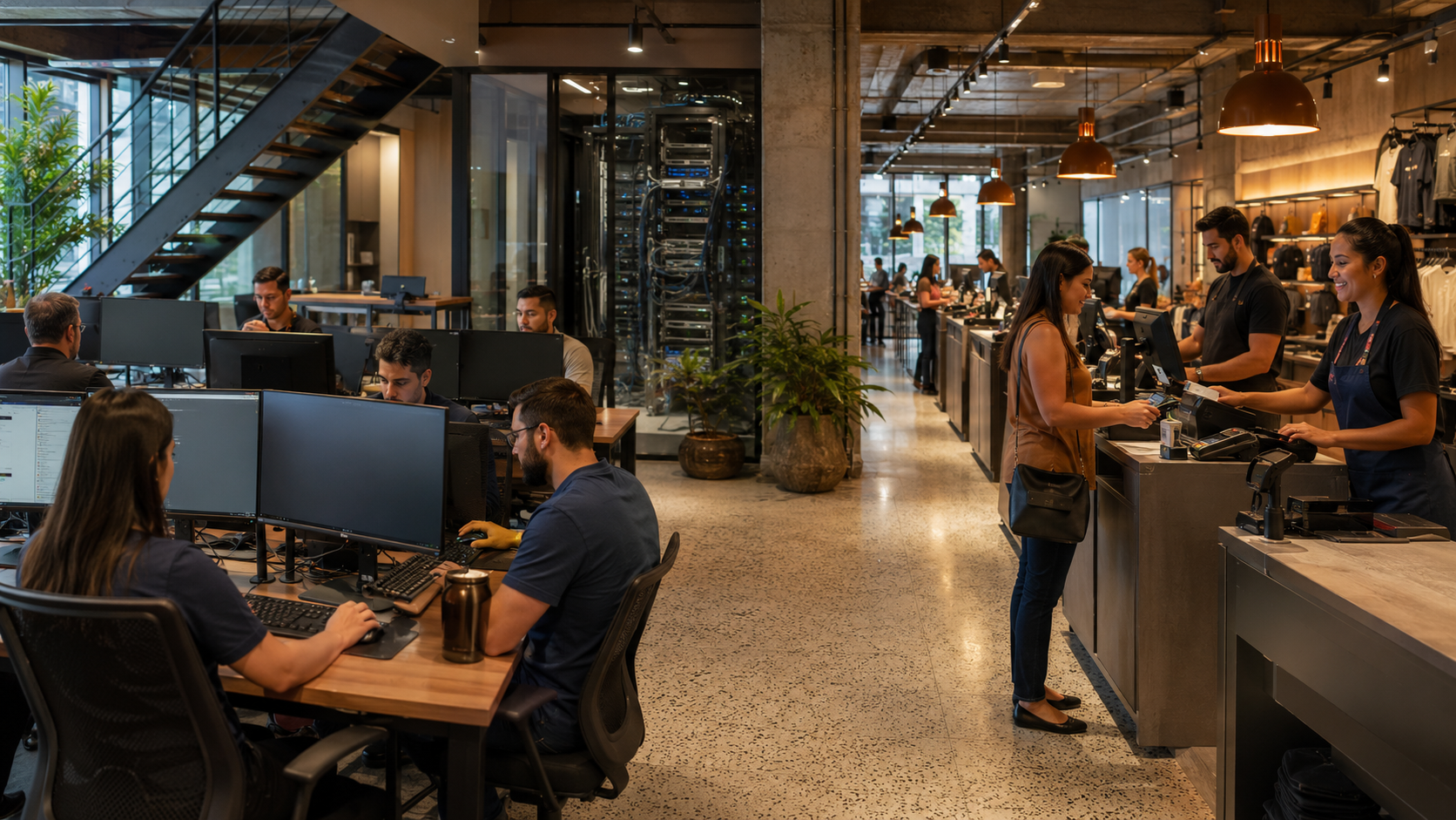 Escritório corporativo e loja conectados por uma operação integrada de tecnologia